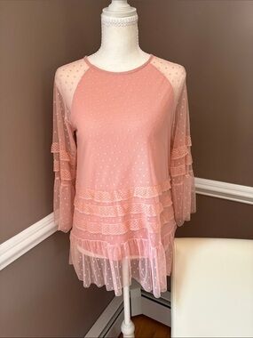 Romantic Pink Sheer Dot Ruffle Tunic